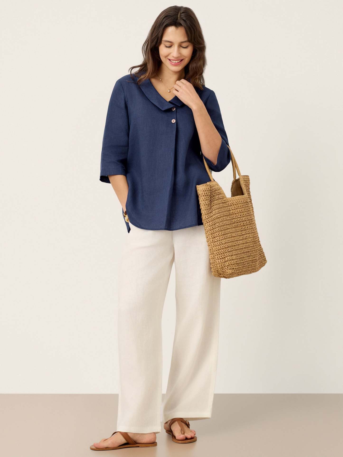 Women's 100% Linen Long-Sleeve Top with Asymmetric Neckline and Inverted Pleat
