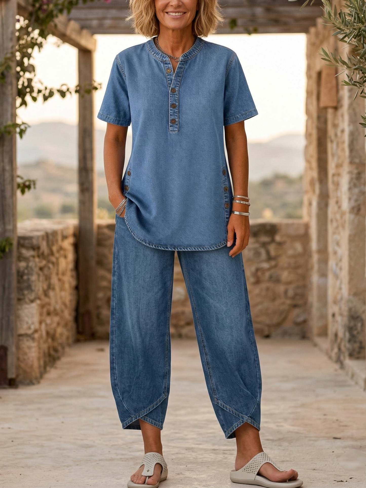 【Buy 2 Free Shipping】Women‘s Short-sleeve denim Two-piece set