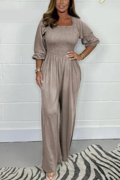 CLEARANCE🔥 Solid Color Long Sleeve Elastic Waist Wide Leg Jumpsuit