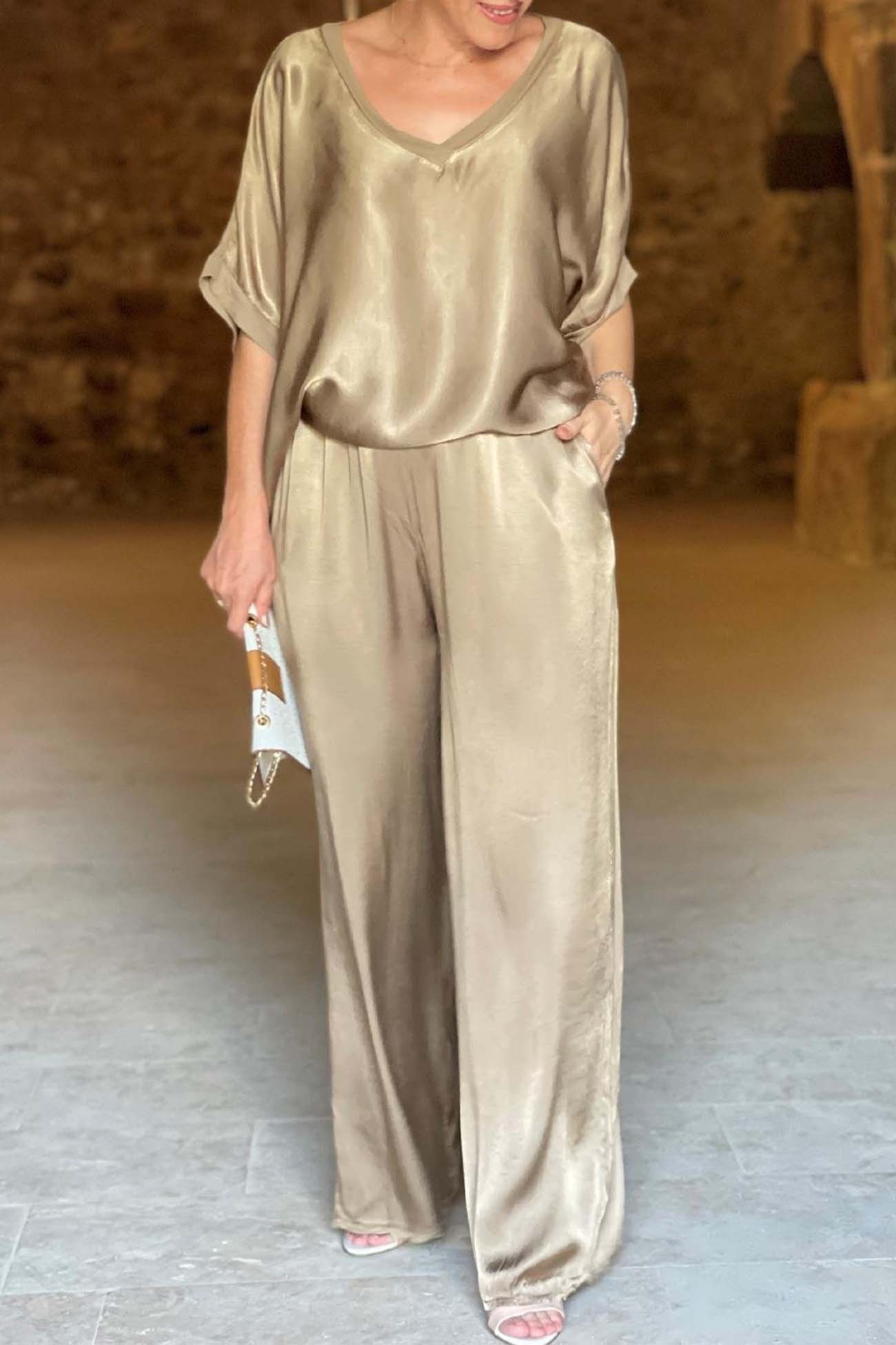 Women's V-Neck Tops Long Pants Set Casual Loose Outfit Summer Homewear Suit