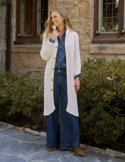 Women’s Cable Knit Long Cardigan, Button Down Stand Collar Sweater Coat