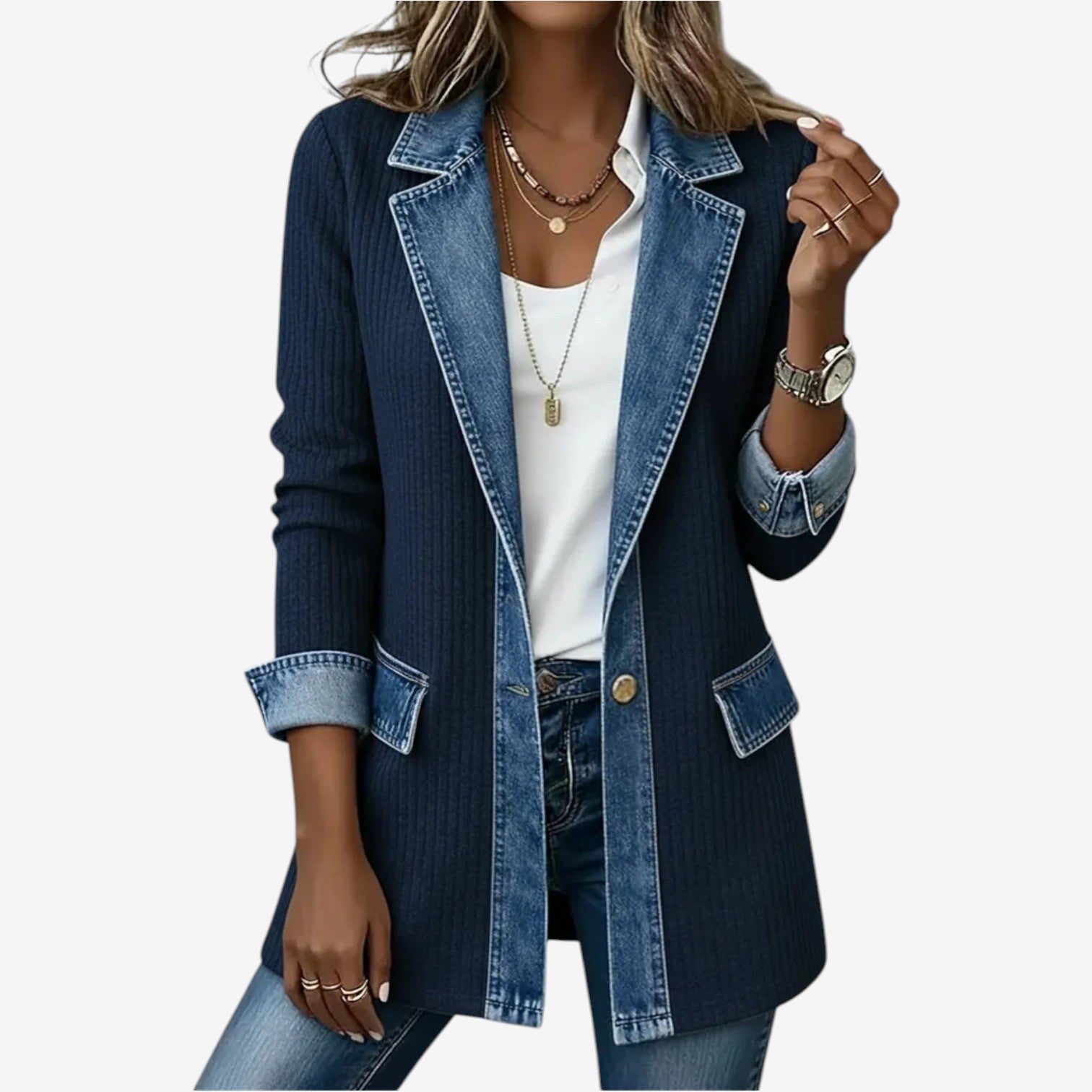 Elegant Mixed Media Denim Knit Cardigan Open Front Lapel Sweater Coat Mid Length Comfort Fit Outerwear