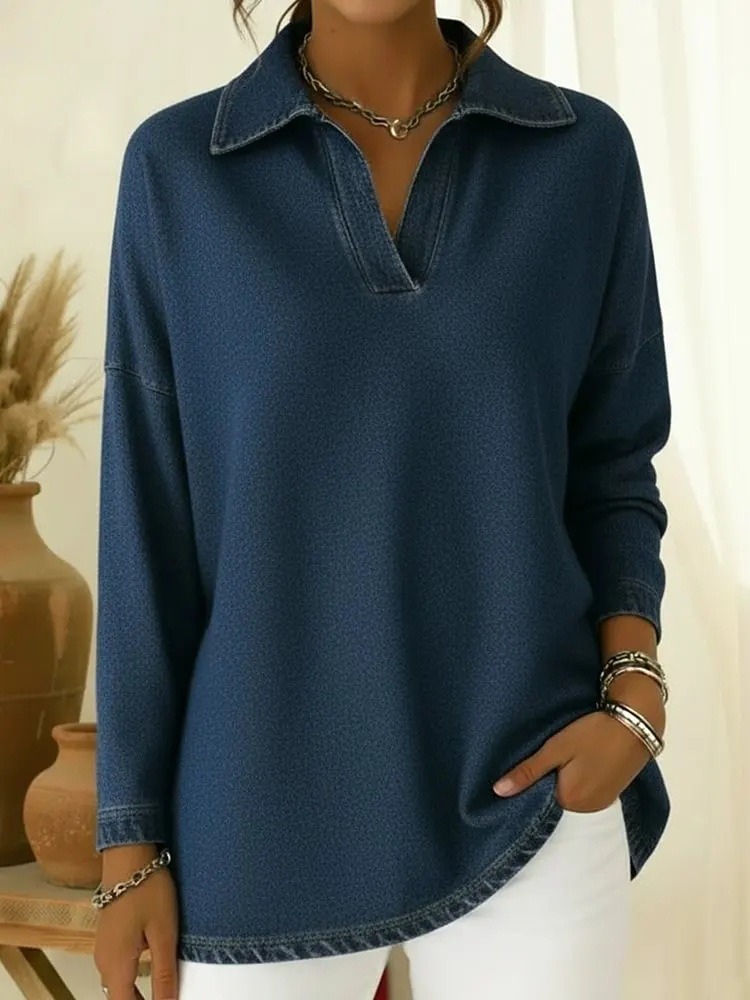 Women's Solid-Color Loose-Fit Long-Sleeve V-Neck Denim Shirt