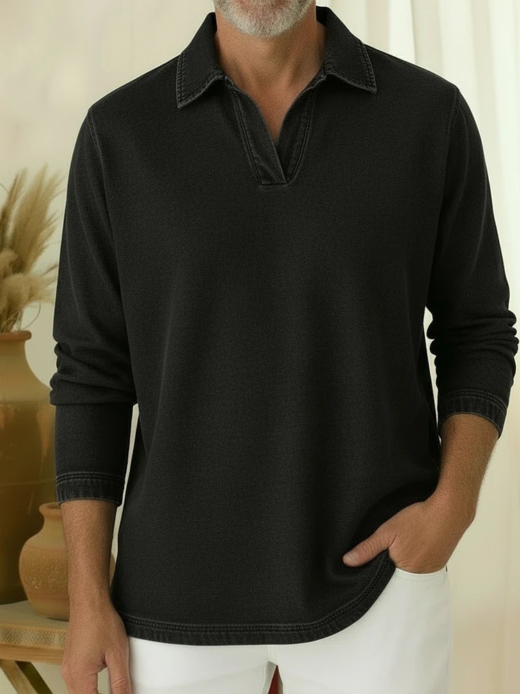 Men's Long-Sleeve Denim Polo Shirt with Notch Collar
