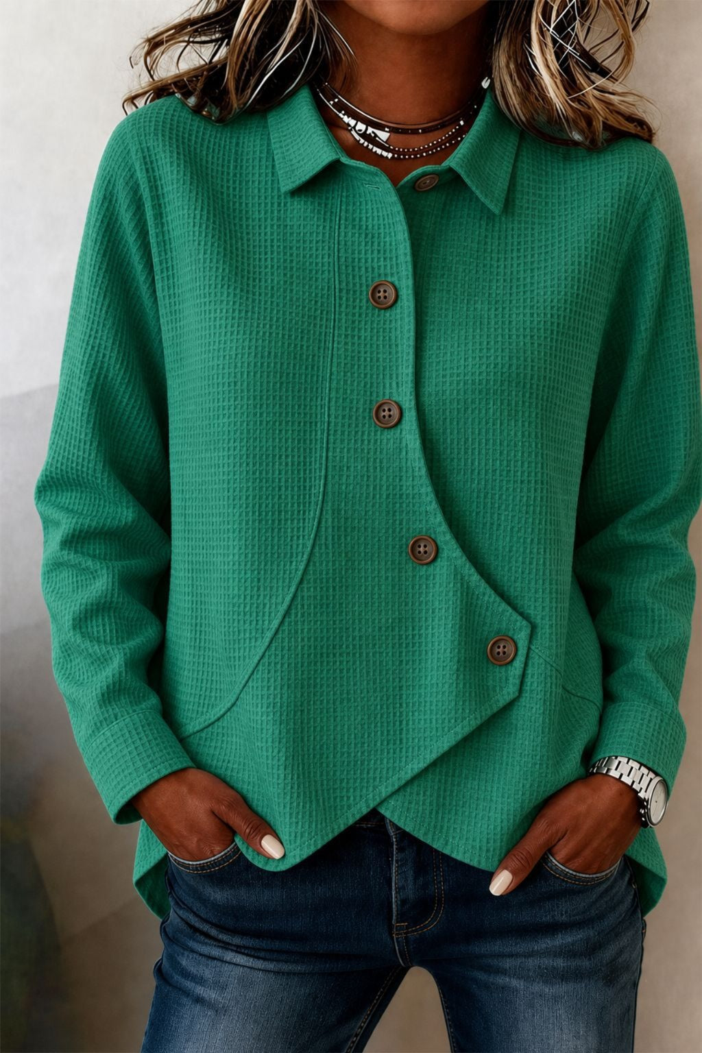 Chic Asymmetric Button-front Waffle-knit Blouse