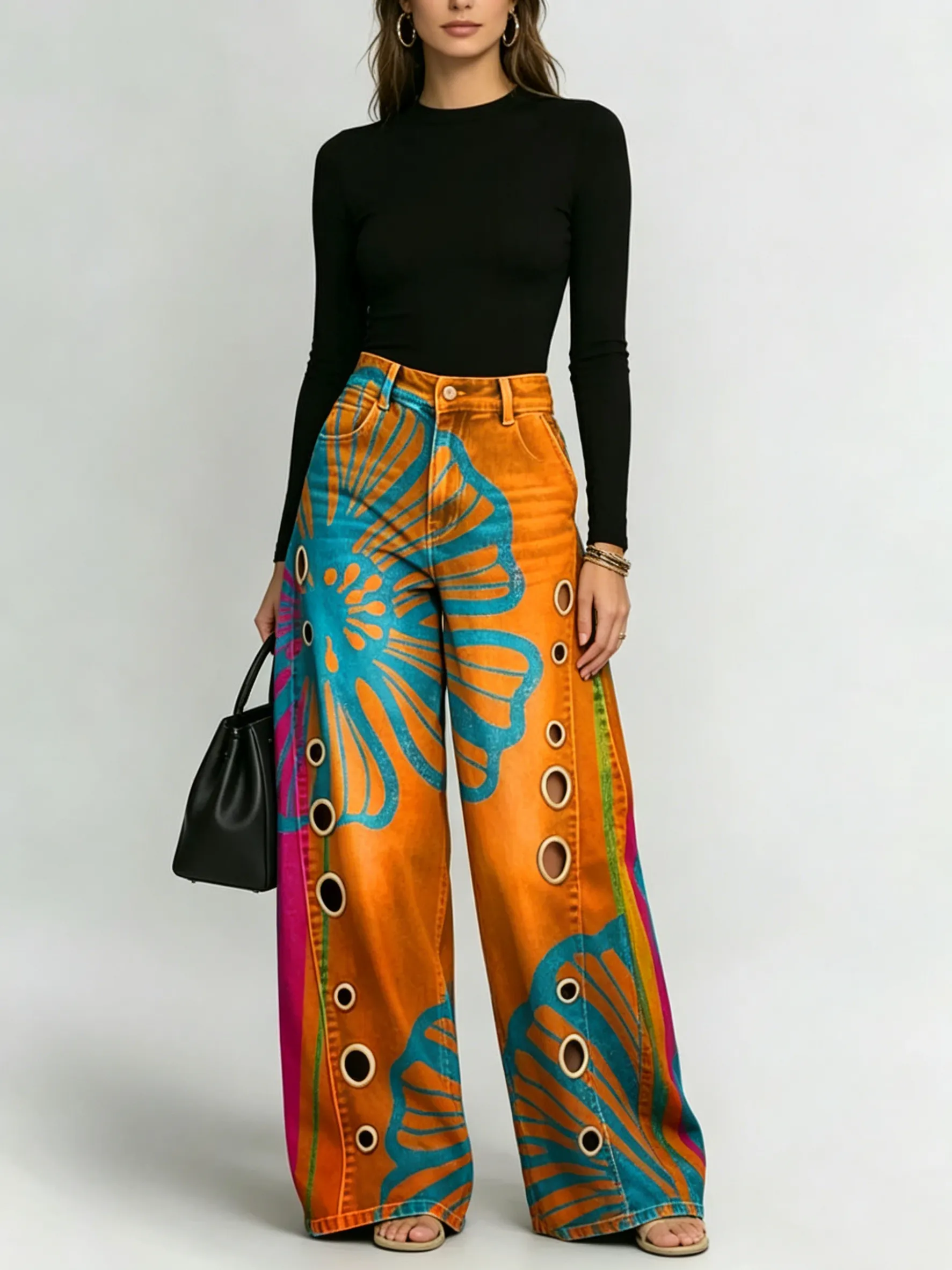 50% OFF - Women's Retro Floral Art Print Casual Stylish Hollow Pants