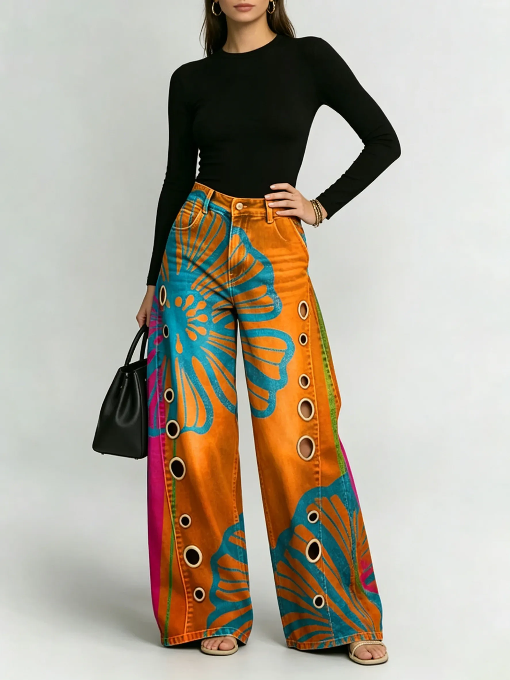 50% OFF - Women's Retro Floral Art Print Casual Stylish Hollow Pants