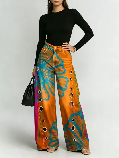 50% OFF - Women's Retro Floral Art Print Casual Stylish Hollow Pants