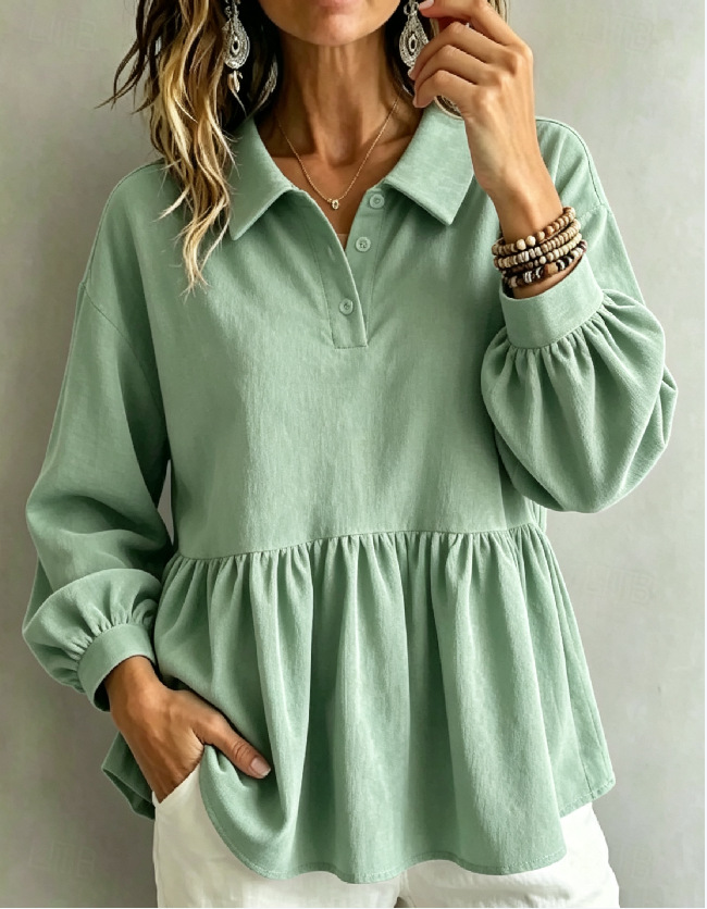 CLEARANCE SALE🔥Vintage Corduroy Ruffle Top – Pleated Long Sleeve Polo Shirt