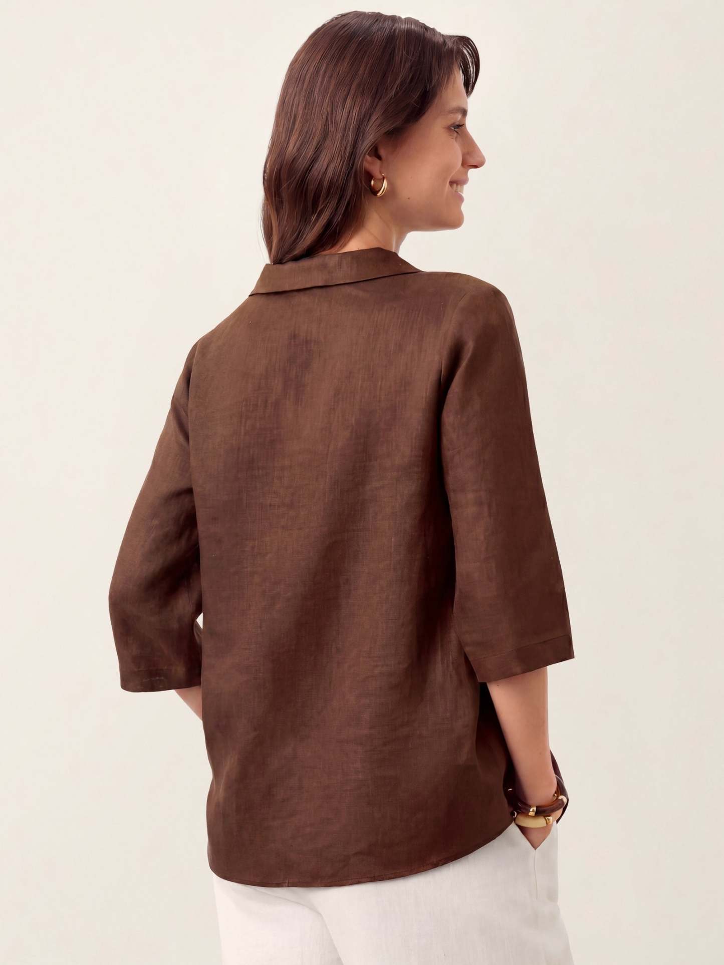 Women's 100% Linen Long-Sleeve Top with Asymmetric Neckline and Inverted Pleat