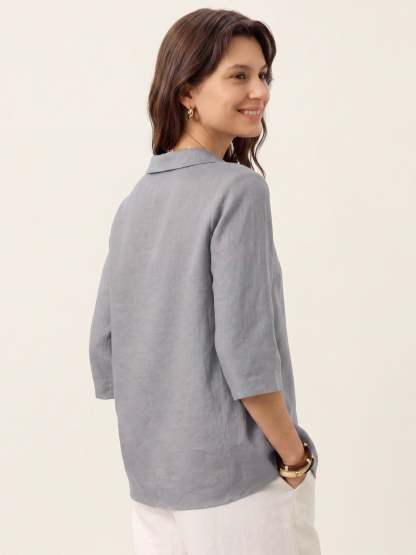 Women's 100% Linen Long-Sleeve Top with Asymmetric Neckline and Inverted Pleat