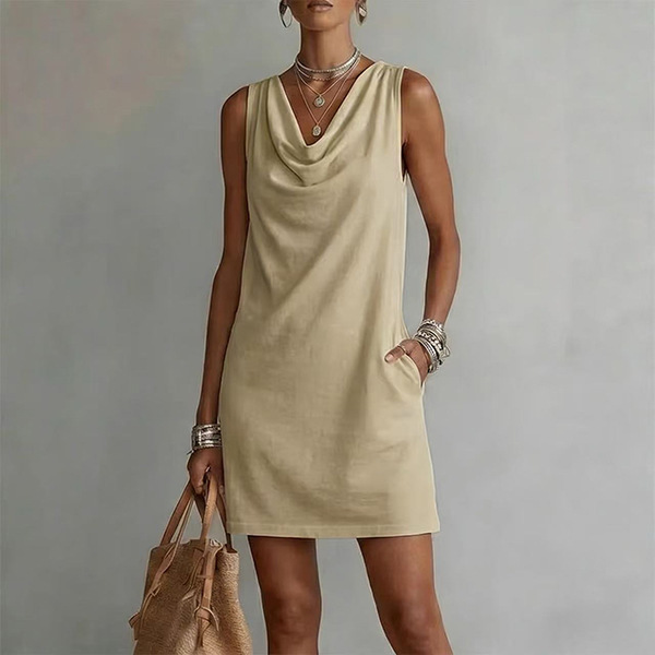 Draped-neck Sleeveless Cotton Dress