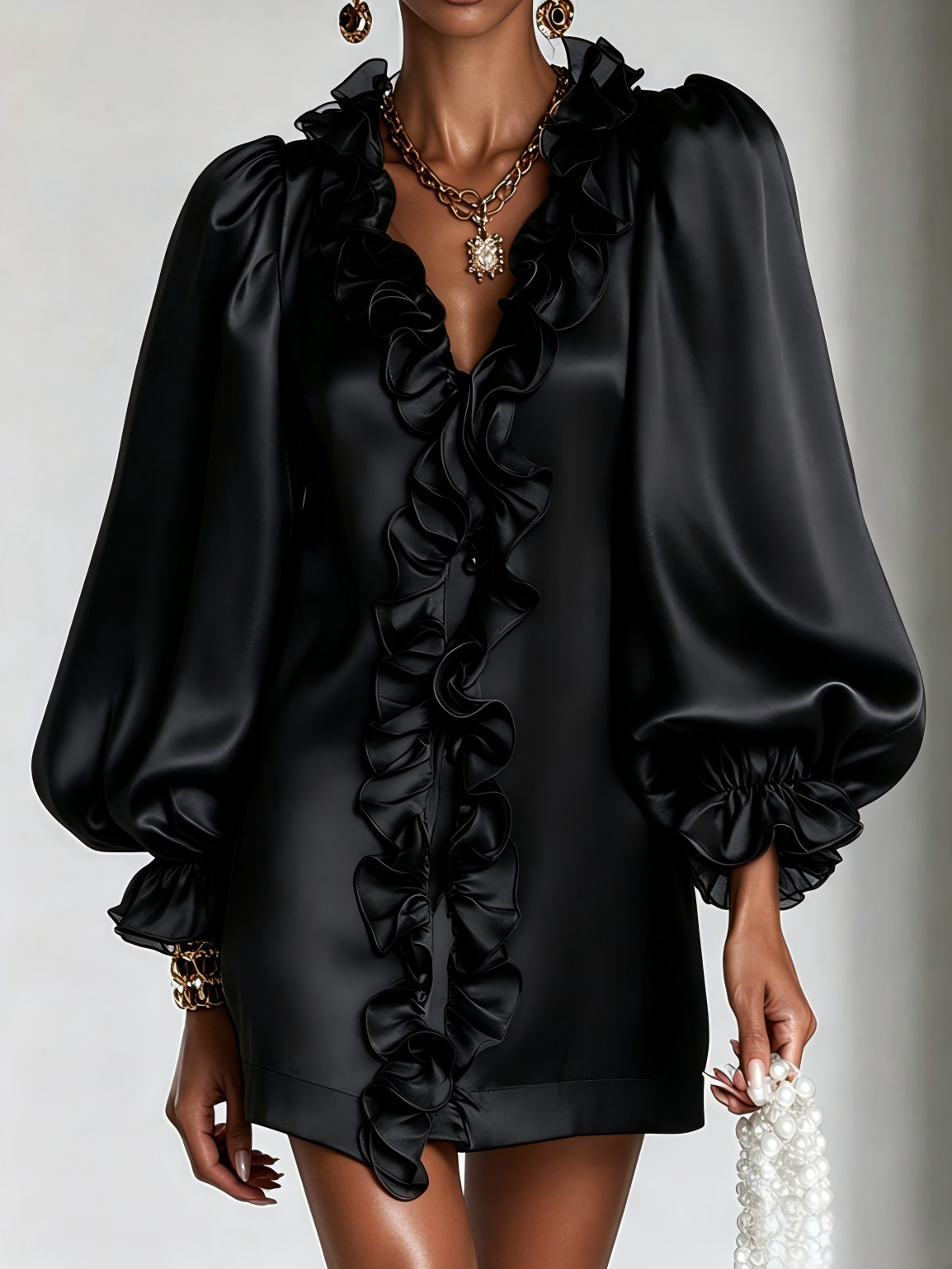 Glamorous Shimmering Organza Ruffled V-neck Mini Dress