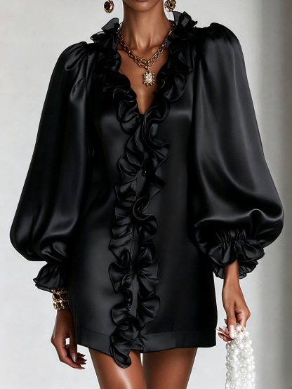 Glamorous Shimmering Organza Ruffled V-neck Mini Dress