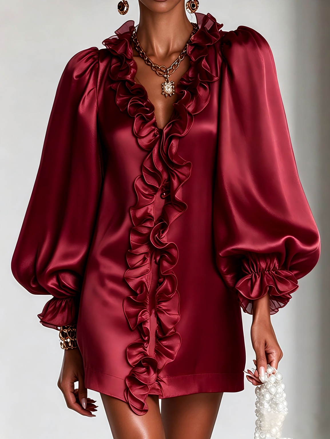 Glamorous Shimmering Organza Ruffled V-neck Mini Dress