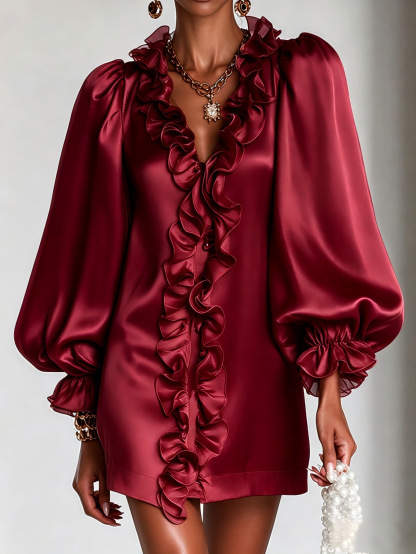 Glamorous Shimmering Organza Ruffled V-neck Mini Dress