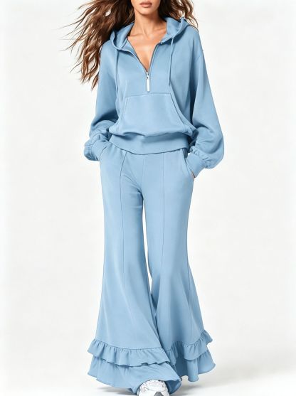 Cozy Two Piece Tracksuit with Half Zip Hoodie and Ruffle Hem Wide Leg Pants