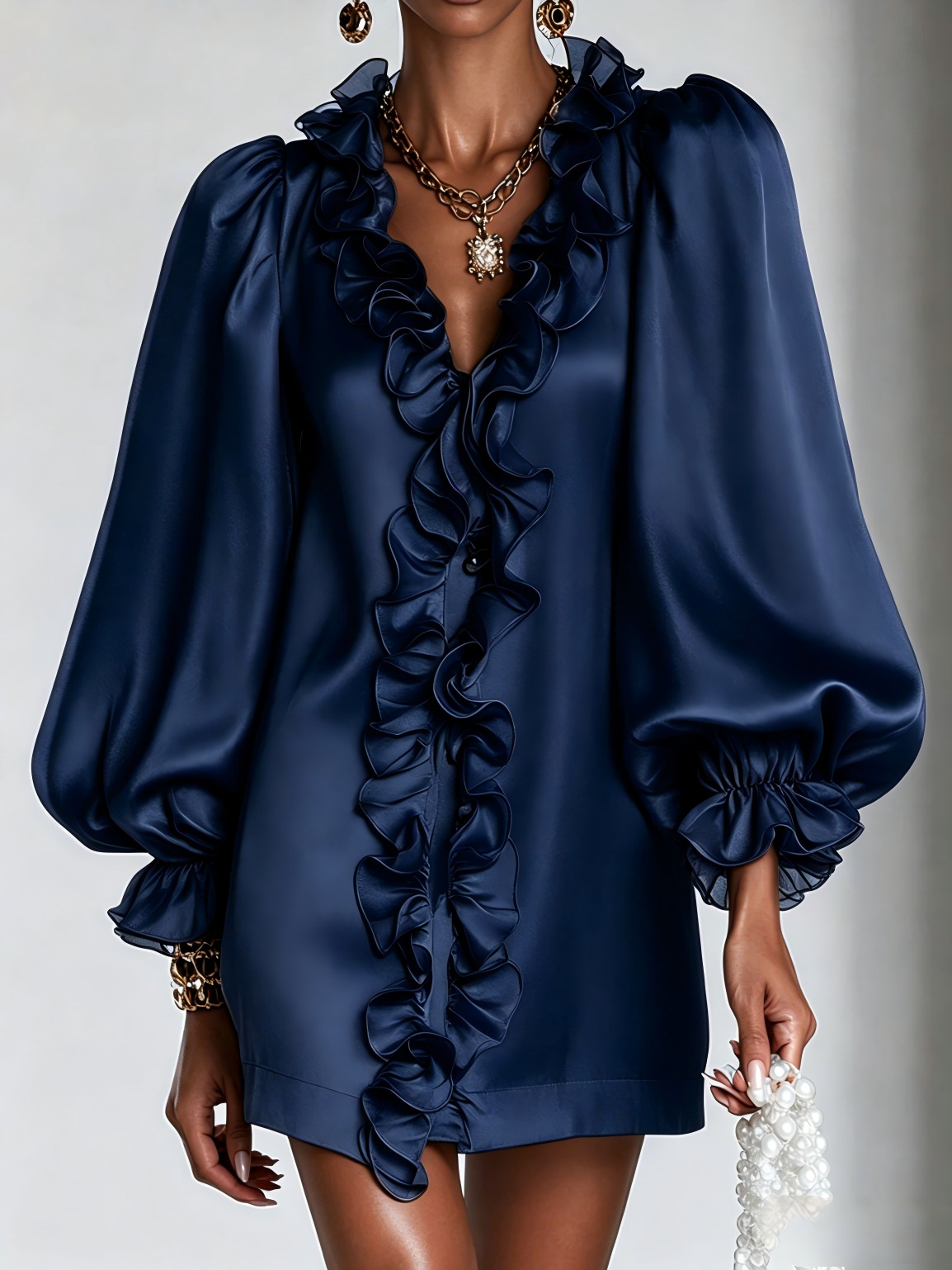 Glamorous Shimmering Organza Ruffled V-neck Mini Dress