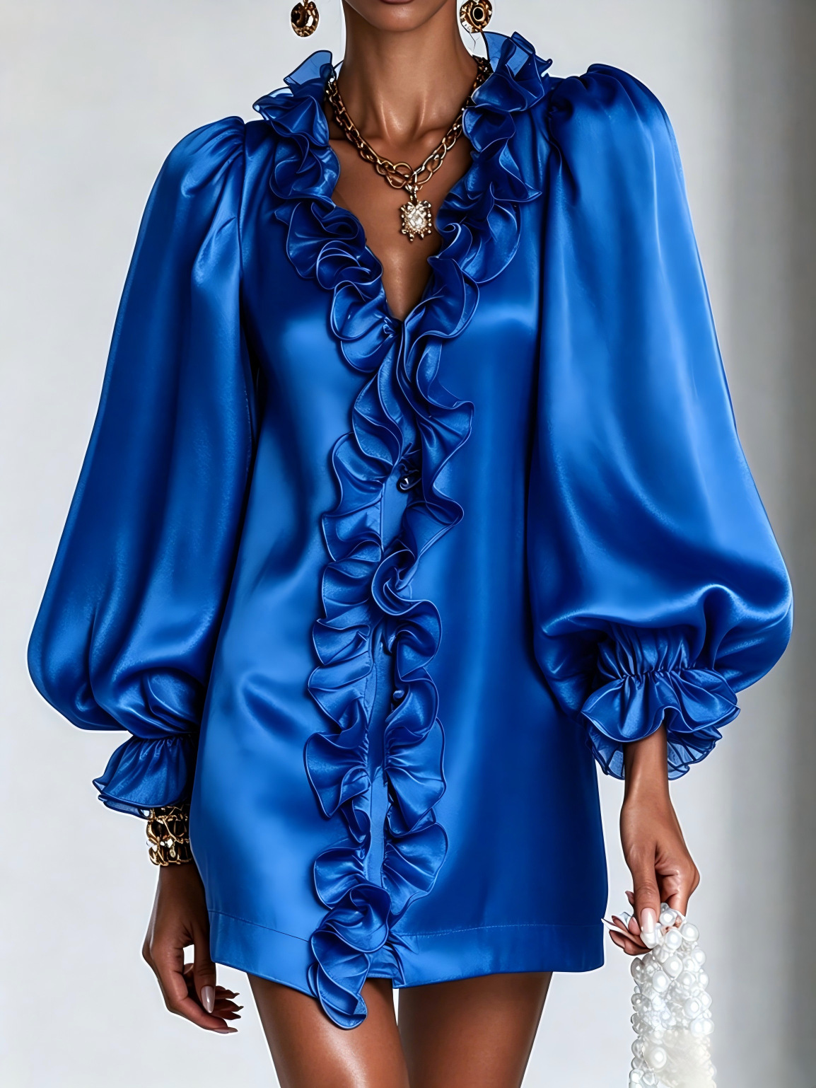 Glamorous Shimmering Organza Ruffled V-neck Mini Dress