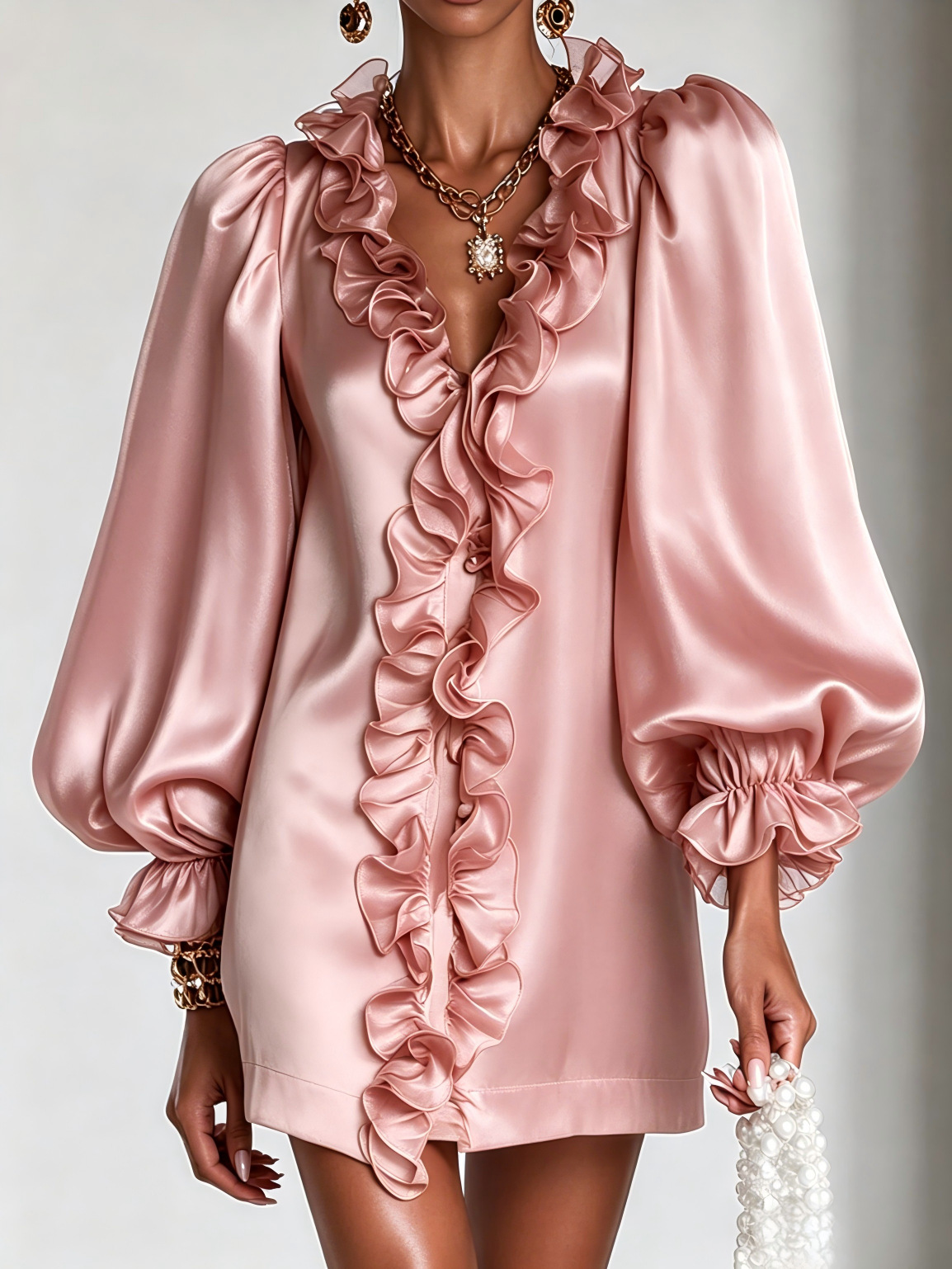 Glamorous Shimmering Organza Ruffled V-neck Mini Dress