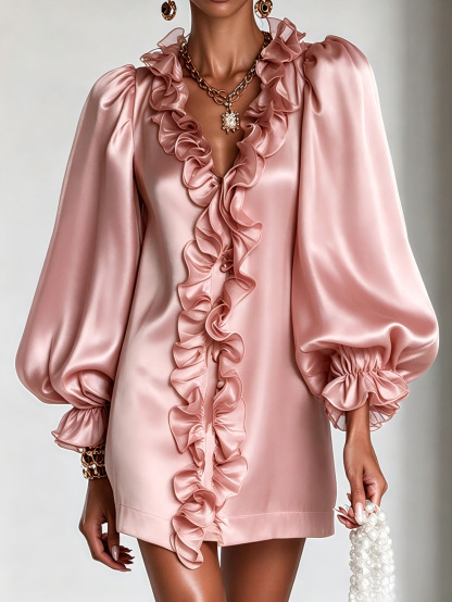 Glamorous Shimmering Organza Ruffled V-neck Mini Dress