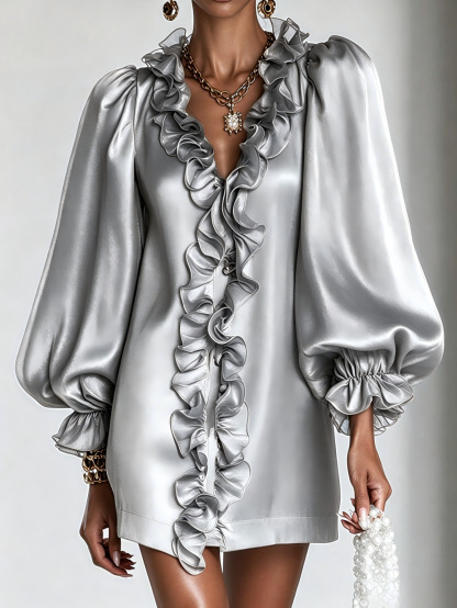Glamorous Shimmering Organza Ruffled V-neck Mini Dress