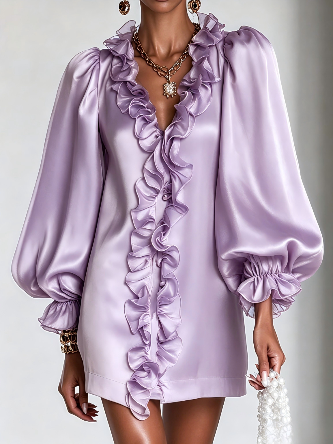 Glamorous Shimmering Organza Ruffled V-neck Mini Dress