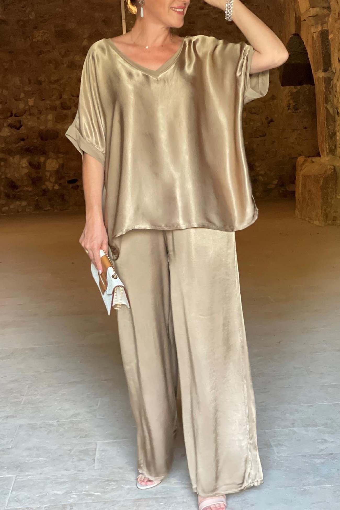 Women's V-Neck Tops Long Pants Set Casual Loose Outfit Summer Homewear Suit