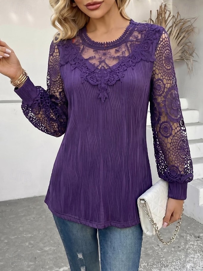 Women's Eyelet Top Boho Shirt Lace Shirt Elegant Bohemia Vacation Long Sleeve Long Tops Casual Daily Holiday Purple Orange Beige Spring Fall 2026 - €34.99 –P3