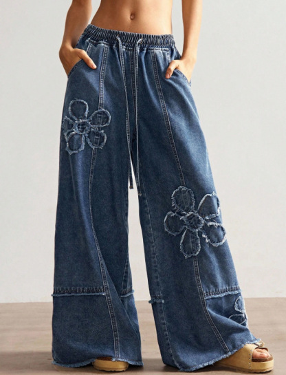 Cozy Bohemian Denim Wide-leg Pants With Crochet Flower