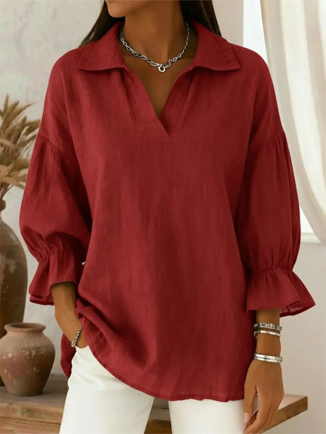 Casual Loose Long Sleeve Solid Color Stand Collar Top Ladies Spring And Autumn Shirt