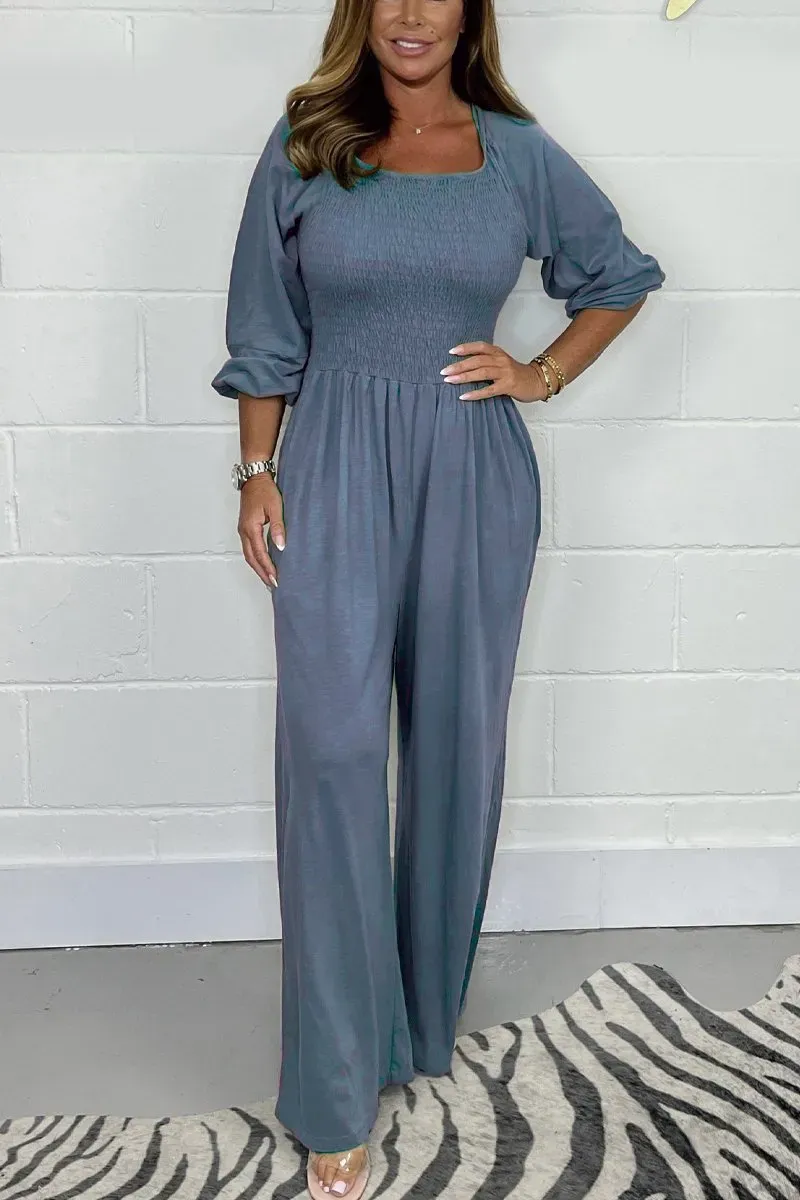 CLEARANCE🔥 Solid Color Long Sleeve Elastic Waist Wide Leg Jumpsuit