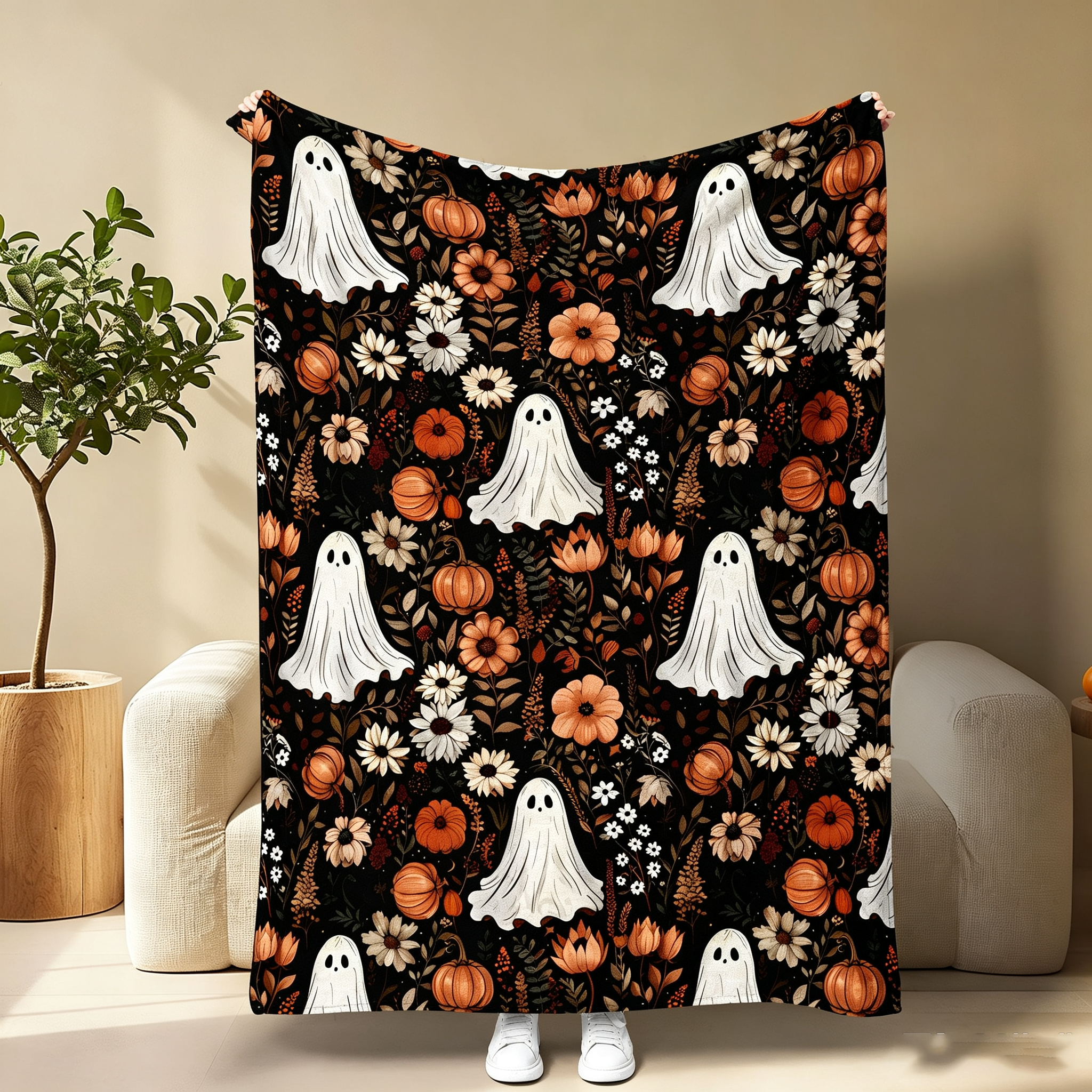 Pumpkin Ghost Bat Plaid Patchwork Flannel Blanket