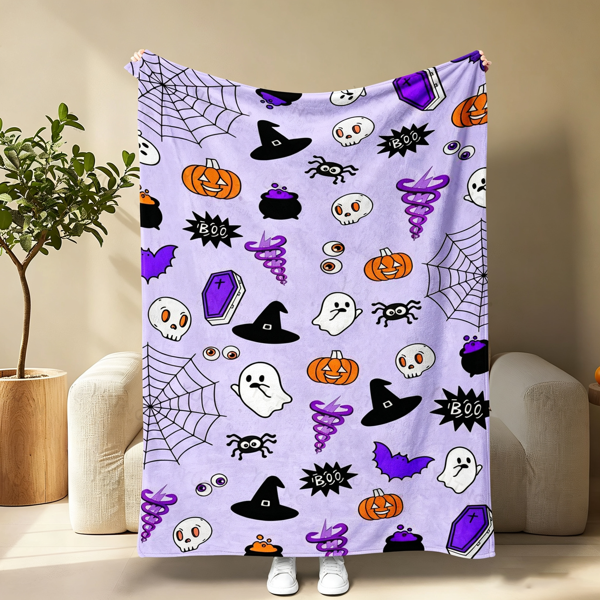 Pumpkin Ghost Bat Plaid Patchwork Flannel Blanket