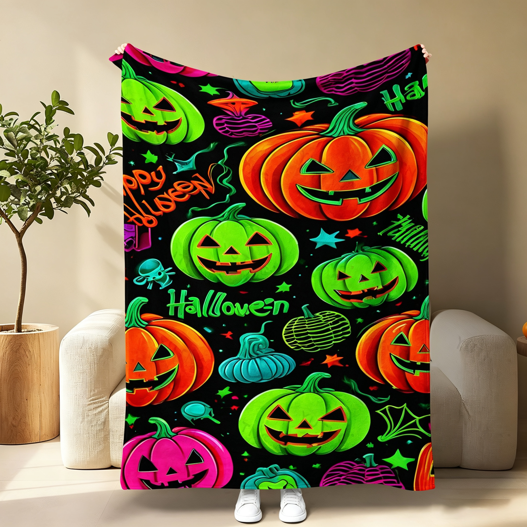 Pumpkin Ghost Bat Plaid Patchwork Flannel Blanket
