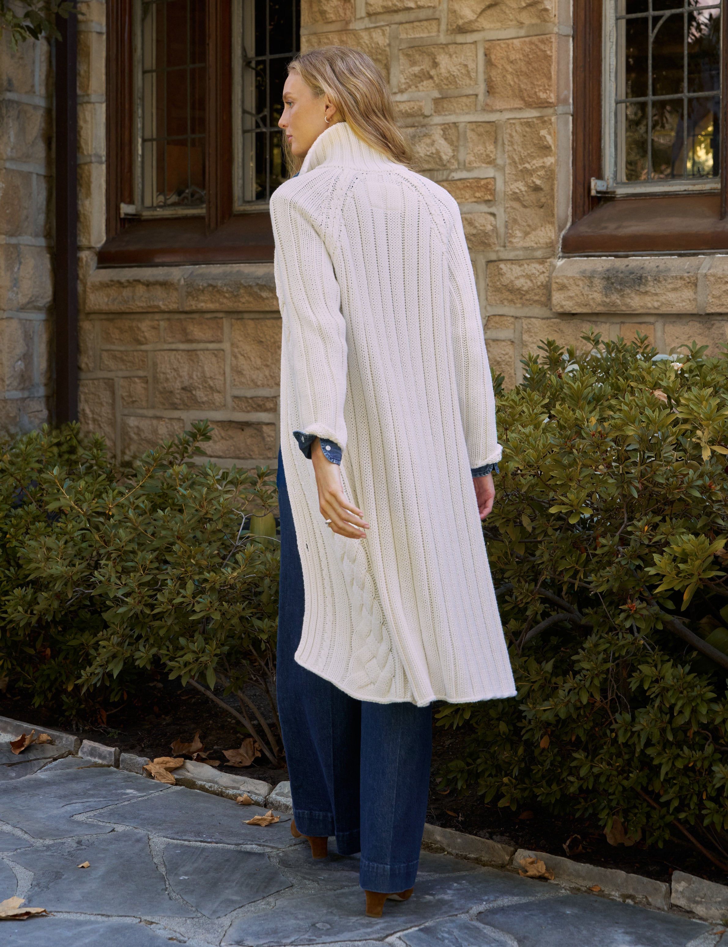 Women’s Cable Knit Long Cardigan, Button Down Stand Collar Sweater Coat