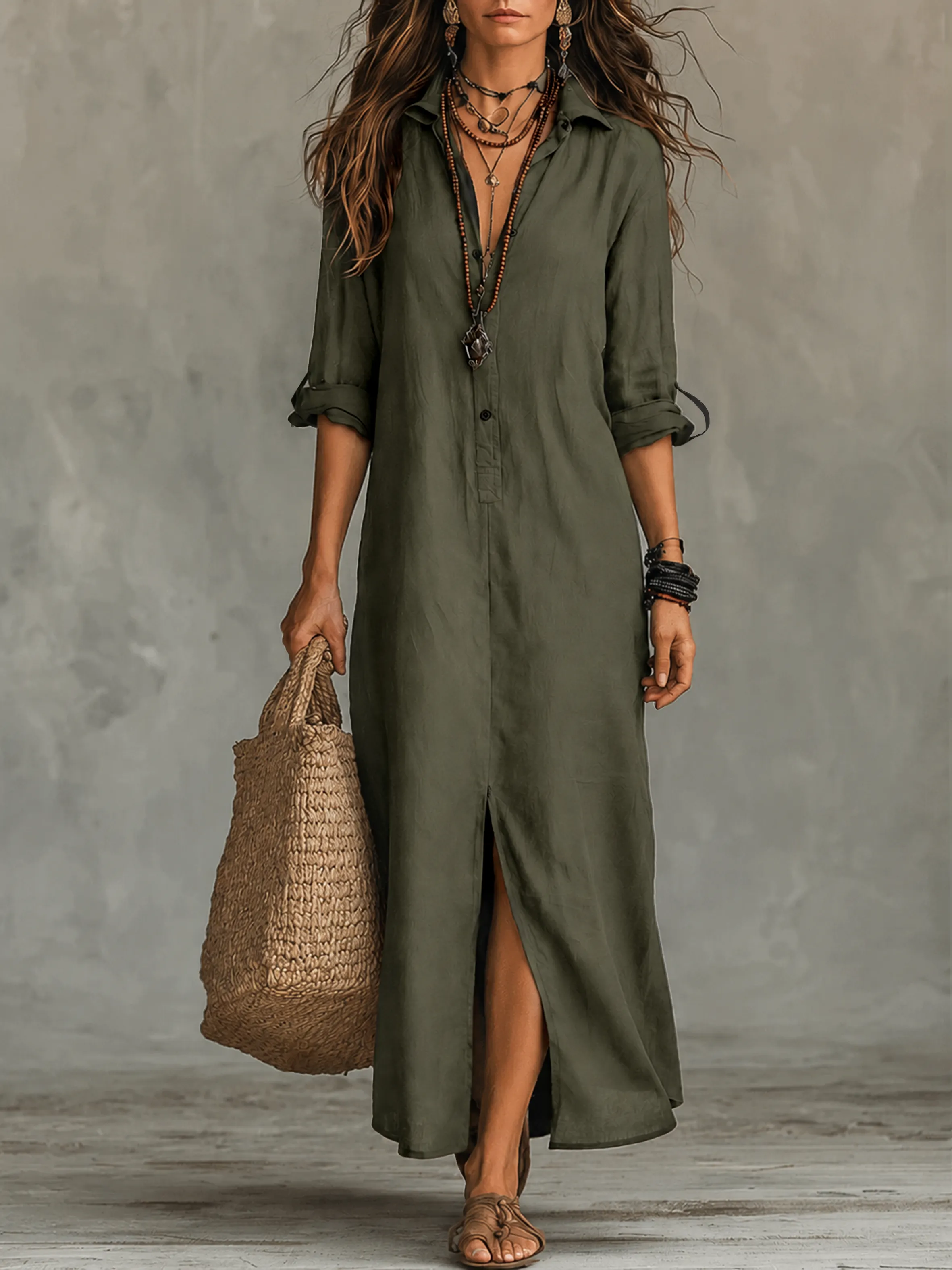 Women's Button-Front Bohemian Shirt Maxi Dress