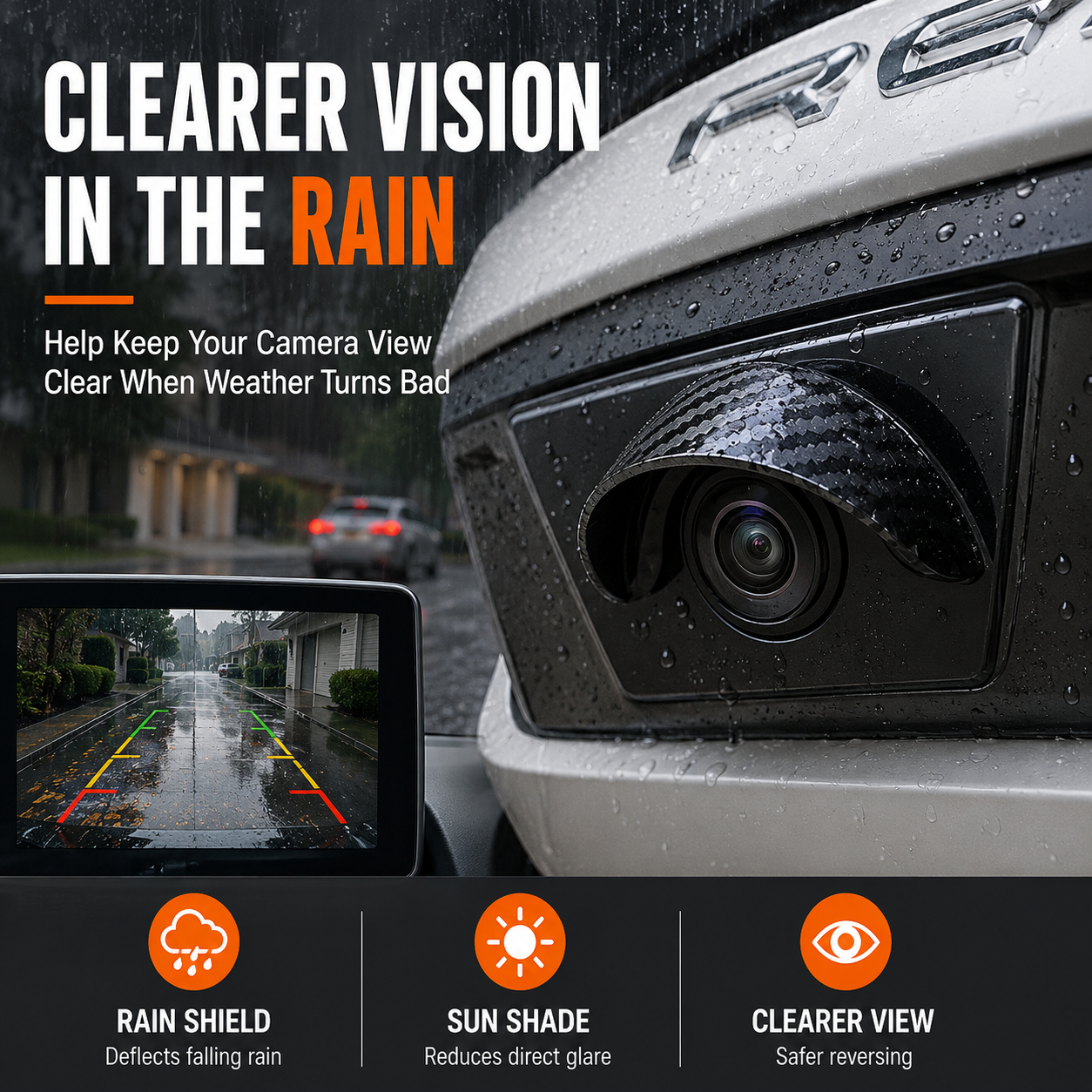 Car backup camera rain shield installed above rear camera lens