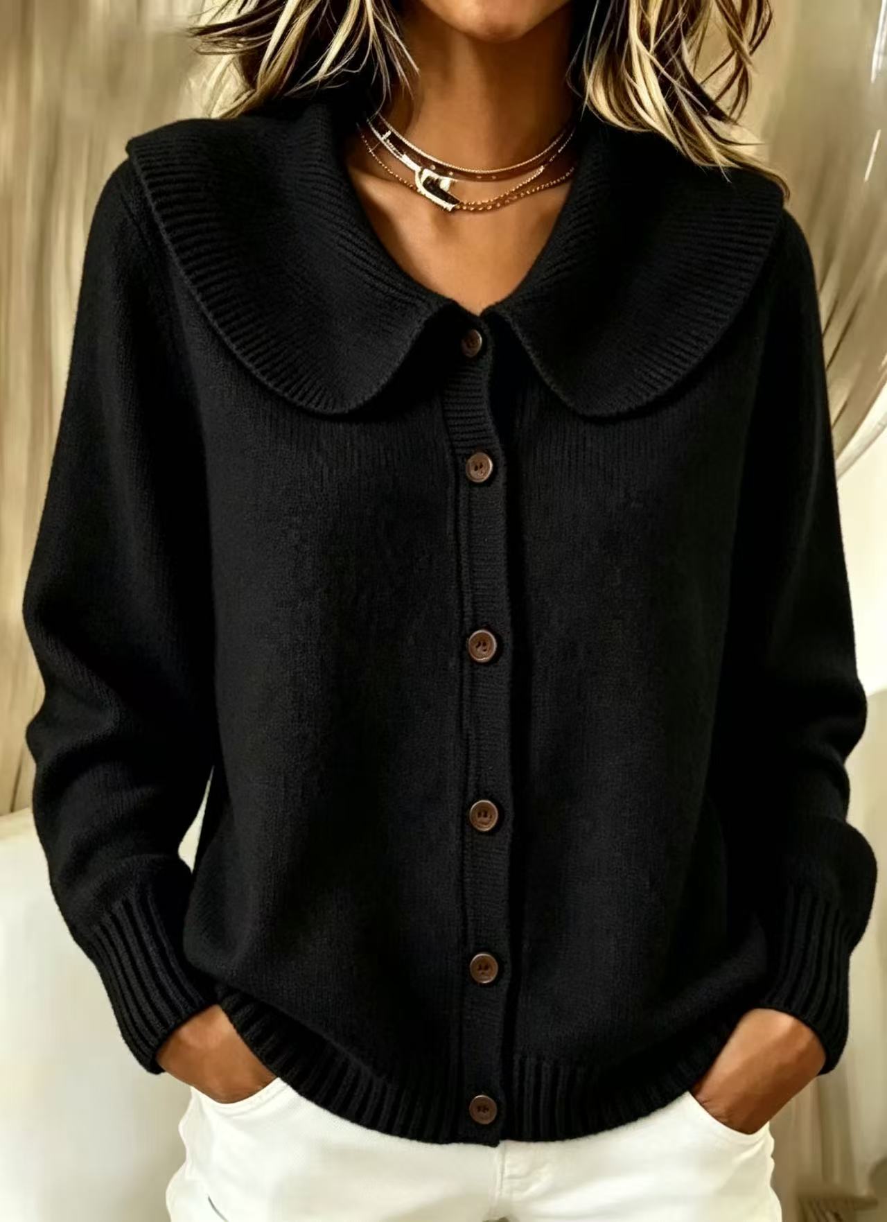 Women's Lapel Collar Button Front Knit Cardigan Sweater Cozy Fall Winter Long Sleeve Top