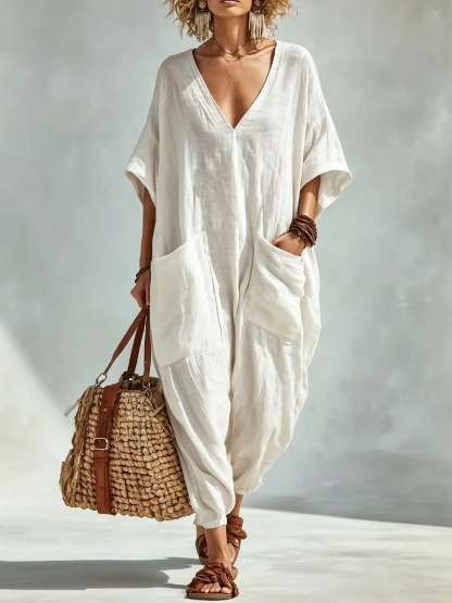 50% OFF NOW - Oversized Linen-look Cotton V-neck Harem Jumpsuit