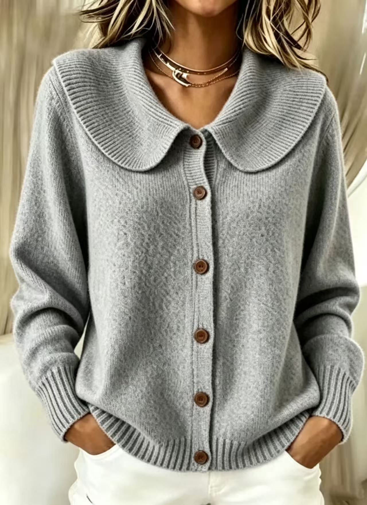 Women's Lapel Collar Button Front Knit Cardigan Sweater Cozy Fall Winter Long Sleeve Top