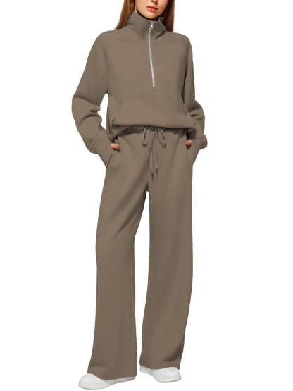 CLEARANCE SALE🔥 Women's Solid Color Cotton Half Zip Two-Piece Set
