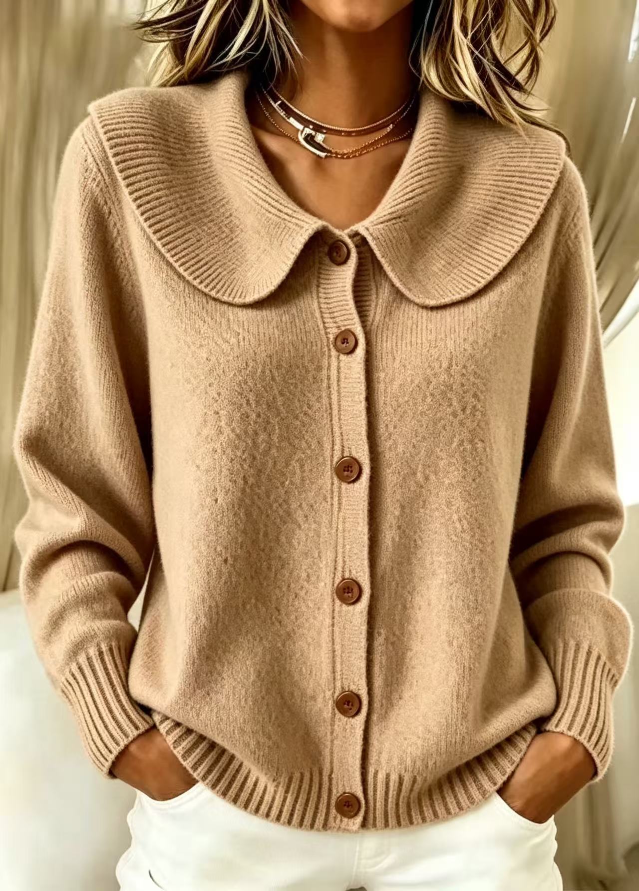 Women's Lapel Collar Button Front Knit Cardigan Sweater Cozy Fall Winter Long Sleeve Top
