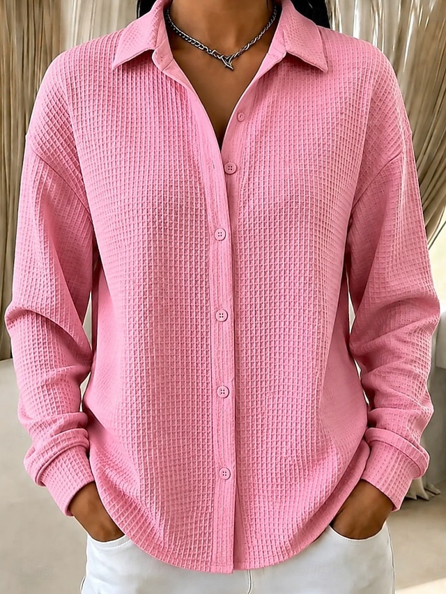 Women's Shirt Waffle Polo Shirts Texture Vintage Stylish Casual Long Sleeve Regular Tops 