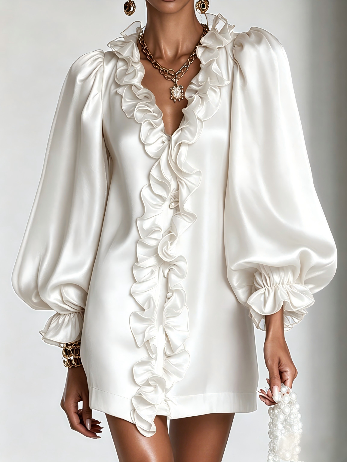 Glamorous Shimmering Organza Ruffled V-neck Mini Dress