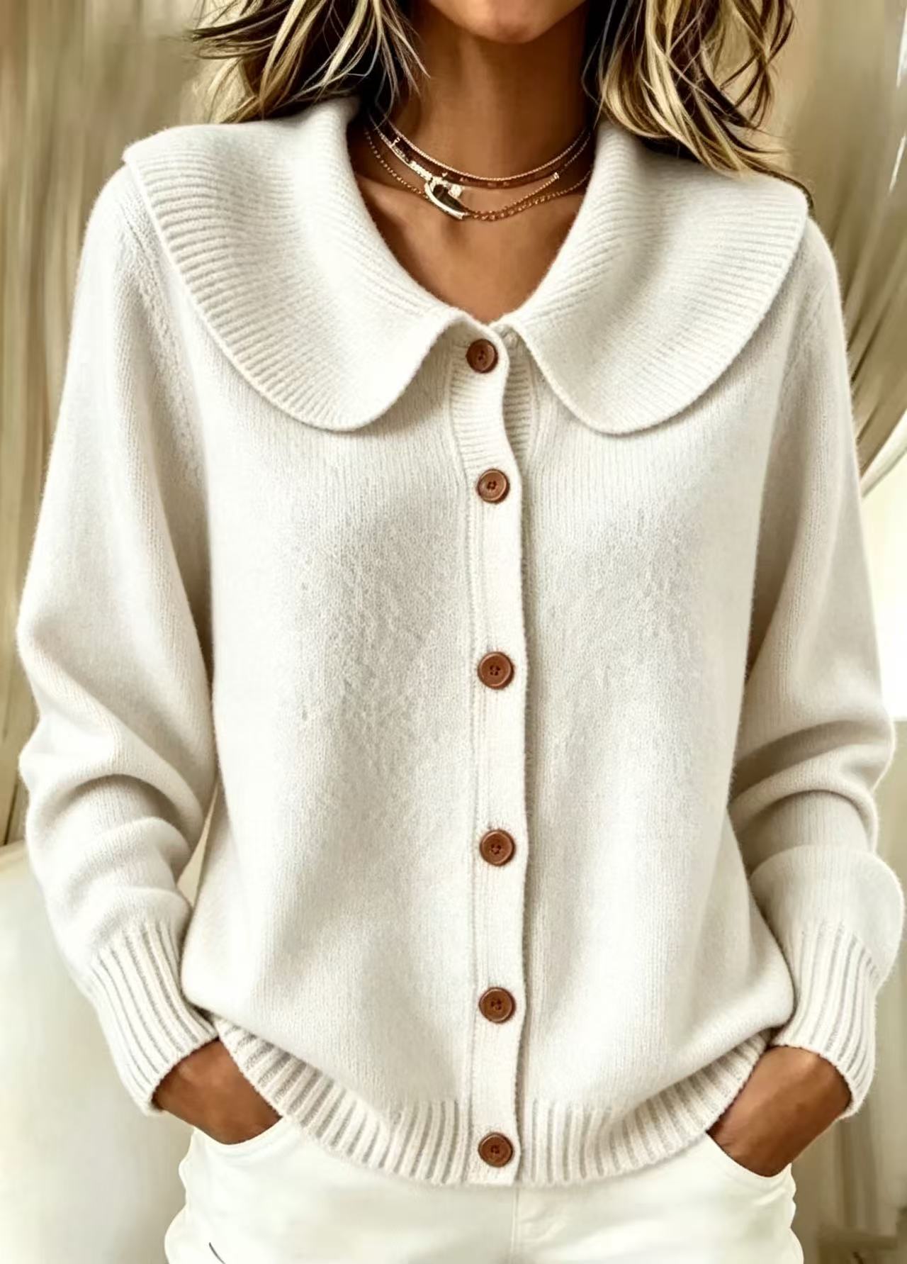 Women's Lapel Collar Button Front Knit Cardigan Sweater Cozy Fall Winter Long Sleeve Top