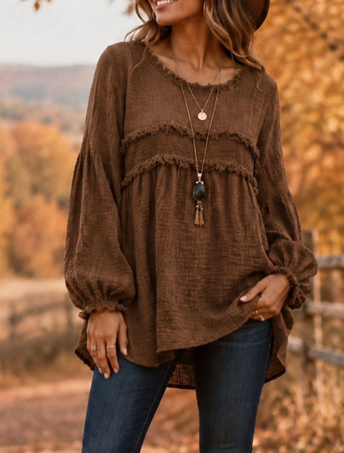 Women's Boho Shirt Tassel Bohemia Active Vacation Long Sleeve Crew Neck Long Tops Casual Daily Weekend Blue Black Wine Purple Brown Spring Fall Winter 2026 - US $28.99 &ndash;P6
