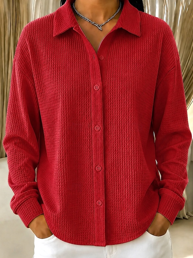 Women's Shirt Waffle Polo Shirts Texture Vintage Stylish Casual Long Sleeve Regular Tops