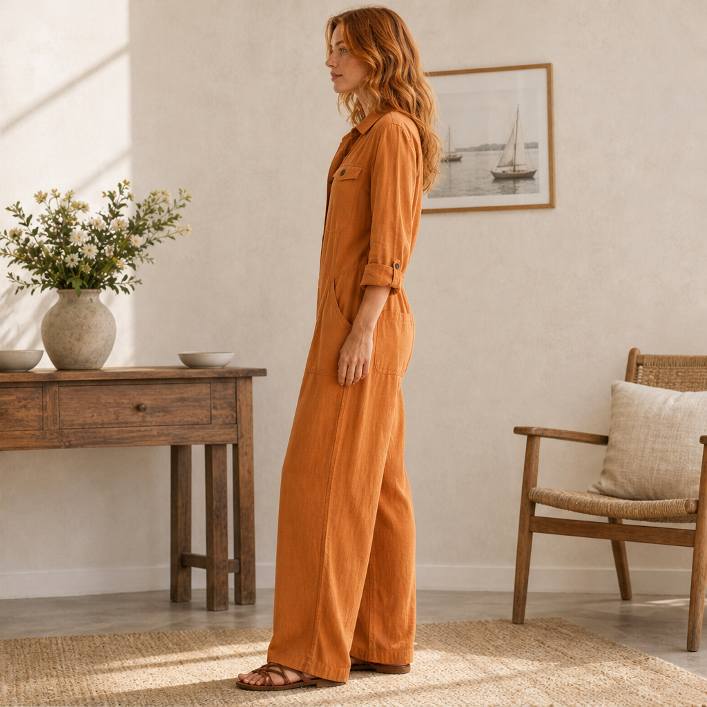 Side view of woman walking in the rust jumpsuit showing wide-leg movement