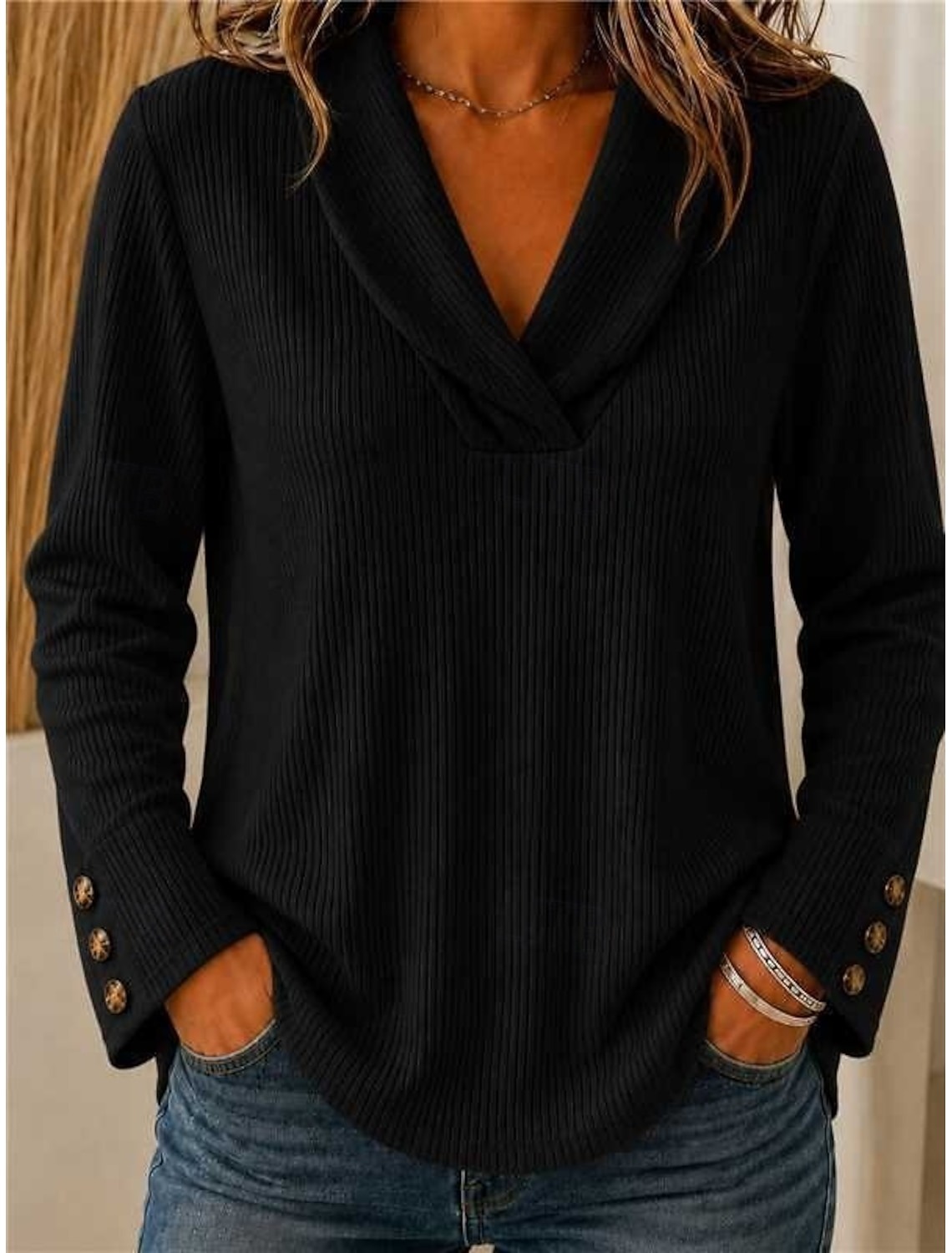 Women's T Shirt Solid Color Stylish Casual Long Sleeve V Neck Regular Tops Casual Daily Blue Black Pink Red Summer Spring Fall